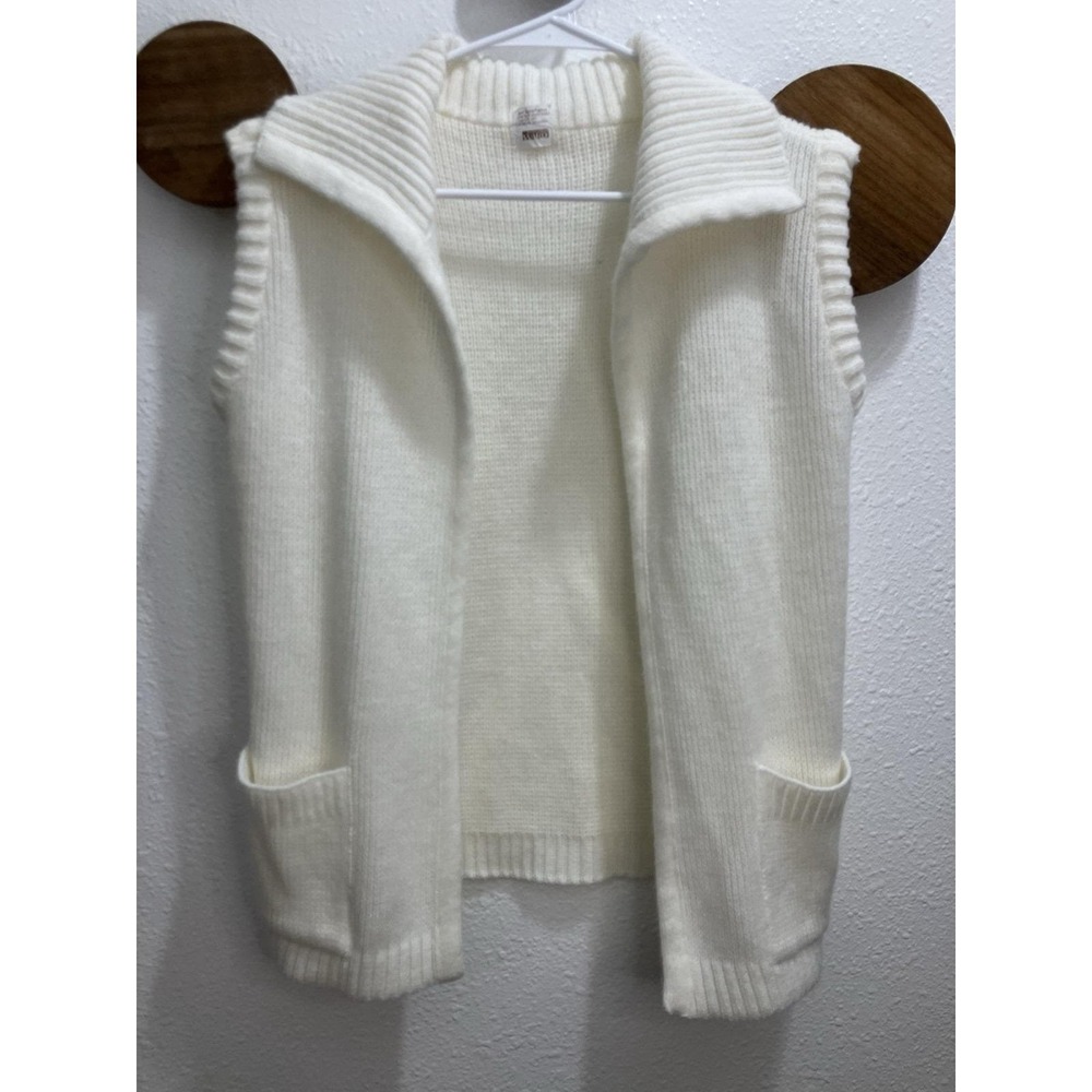 Vintage Ivory Acrylic Sweater Vest Size Large Button Up Pockets Open Front FLAW